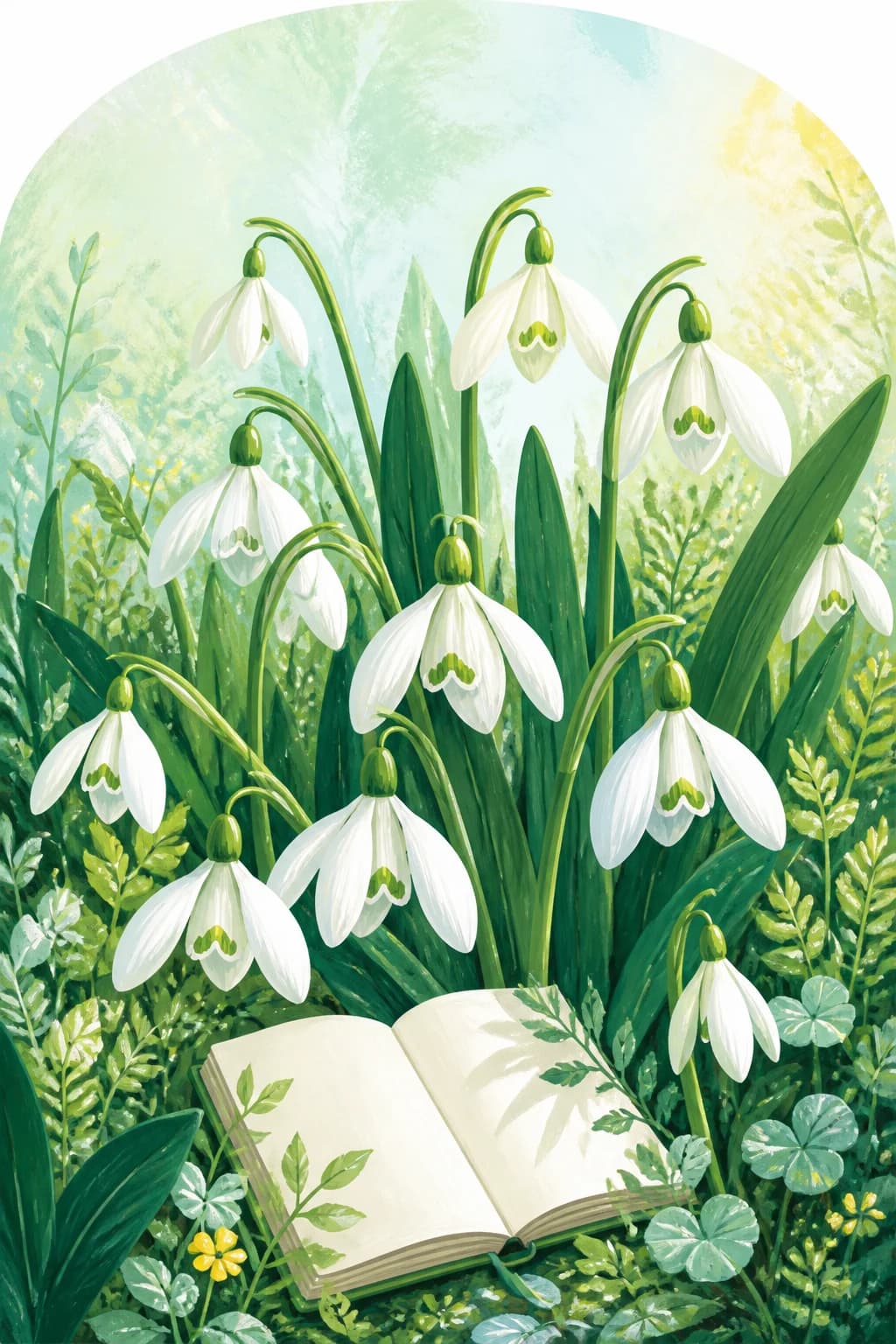 ภาพวาดดอก Snowdrop สีขาวเติบโตรอบสมุดบันทึก